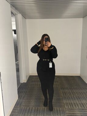 Fashion Nova Black Ribbed Sweater Dress with Gold Chain Detail